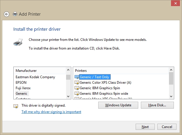 generic text only printer driver download